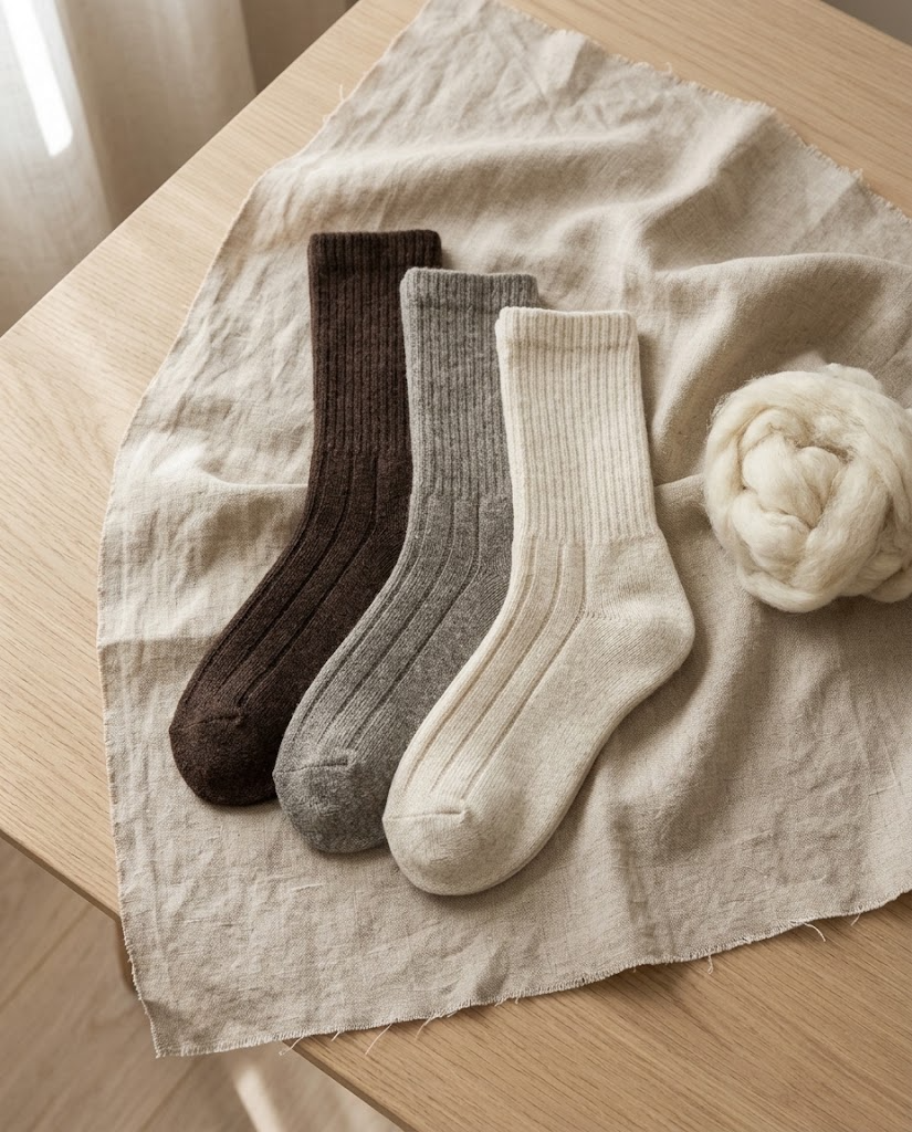 Chaussettes MONLAINE en laine de Mongolie non teinte, coloris Brun Yak, Gris Steppe et Écru Naturel