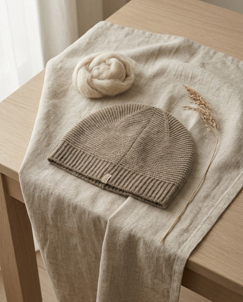 Gorro Khan Bogd MONLAINE de caixmir de Mongòlia sobre una tela de lli, al costat de fibra de caixmir en brut (imatge d'ambient)