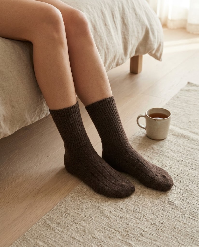 Chaussettes Bord Classique MONLAINE en laine de Mongolie, coloris Brun Yak, portées au bord du lit (mise en scène)