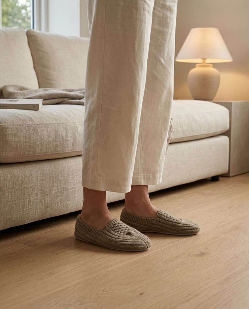 Chaussons Khan Bogd MONLAINE en cachemire de Mongolie, portés sur un parquet clair (mise en scène)